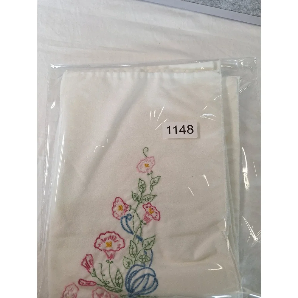 Vintage Hand Embroidered Floral Pillowcase Pink Morning Glory Blue Bow White